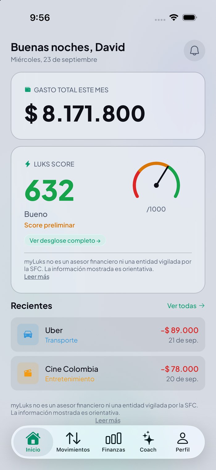 Pantalla de inicio de myLuks
